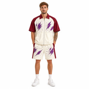 Ensemble de survêtement streetwear pour homme, manches courtes, fermeture éclair sur le devant, imprimé géométrique éclair, polyester respirant, tenue décontractée d'été - Product Image 1