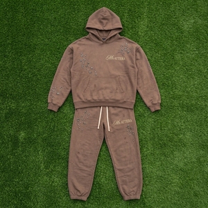 Ensemble survêtement streetwear personnalisé marron oversize avec strass, en molleton de coton, vente en gros OEM - Product Image 6