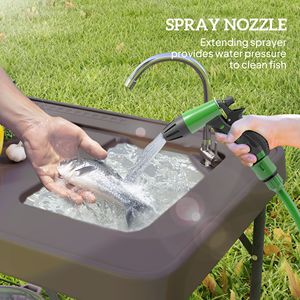 Tavolo Pieghevole Portatile per Pulizia Pesci con Lavello, Rubinetto, Tubo di Scarico, Spruzzatore e Ripiano per Campeggio, Colore Tan - Product Image 4