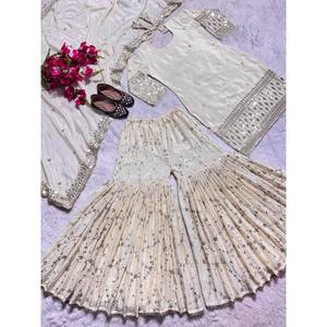 Ensemble de soirée beige pour femme NF Designer, style chic, haut Sharara et dupatta, taille M - Product Image 6