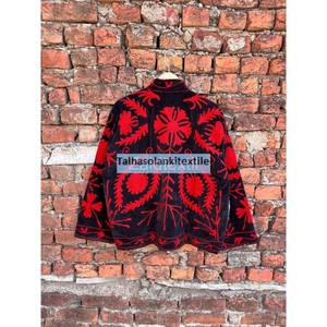 Red Floral Embroidered Velvet Jacket <b>Coat</b> Handmade Short Winter Casual Jacket With Inside Cotton Lining - Product Image 5