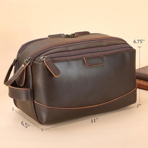 Trousse de Toilette Grande en Cuir de Buffle Véritable Marron Foncé, Imperméable, Double Fermeture Éclair, Idéale pour Cadeau de Garçons d'Honneur - Product Image 5