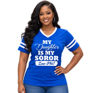 Zeta Phi Beta <b>My</b> Daughter Is <b>My</b> Soror Zee-Phi Jersey Tee Women Royal <b>Blue</b> V-Neck Striped Sleeve Mom Sorority T-Shirt Gift - Product Image 1