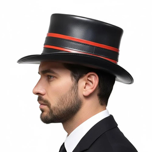 Sombrero de copa de cuero negro con franja roja, accesorio de disfraz formal para hombre, talla adulta 56-58 cm - Product Image 2