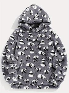 Sudadera con Capucha Sherpa para Hombre, Gris y Blanca con Estampado, Bolsillo Canguro, OEM ODM, Ropa al por Mayor - Product Image 1
