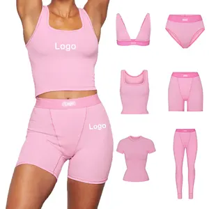 Últimos modelos verano 2023 logotipo personalizado Color flaco camisa acanalada y pantalones cortos conjunto de mallas de mujer para mujer Skim Loungewear Mujer