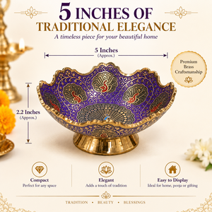 5 Inch <b>Purple</b> Brass <b>Decorative</b> Bowl with Peacock Design, Traditional Indian Handcrafted Bowl for Pooja, Home <b>Decor</b>, Wedding - Product Image 2