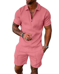 Ensembles décontractés de polos pour hommes, survêtement personnalisé, ensemble t-shirt et short pour hommes avec fermeture éclair - Product Image 1