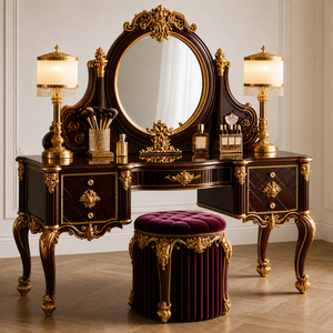 French Style Master Bedroom Dressing <b>Table</b> Set with Above 14 Drawers Solid Wood Luxury Vanity for Bedroom & Living Room - Product Image 4