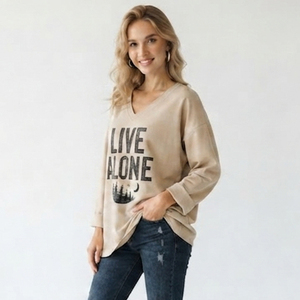 Nouvel Arrivage 2026 T-shirt Femme Oversize à Manches Longues, Col en V, 100% Coton, Coupe Ample, Imprimé Personnalisé - Product Image 3