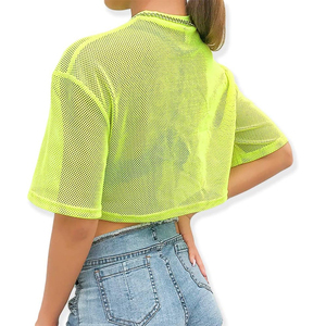 Nueva Camiseta de Malla para Mujer, Cuello Alto, Jersey Regular, Transparente, con Logotipo y Talla Personalizados, Manga Corta, Verano, Casual, Lisa, Teñida - Product Image 3