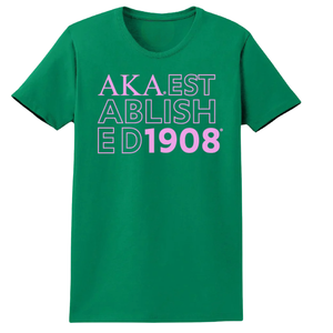 T-shirt vert AKA Established Year pour femme, en coton, manches courtes, col rond, graphique, décontracté, doux et confortable, 1908 - Product Image 1