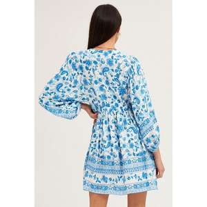 Minivestido con estampado floral y cuello en V para mujer, vestido informal de verano bohemio de manga larga - Product Image 4