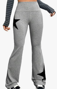 Pantalones acampanados grises de cintura alta para mujer Hardhoodi Interation con estampado de estrellas negras, cintura elástica, ajuste holgado informal para yoga y entrenamiento. - Product Image 6