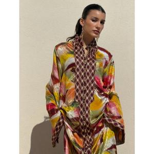 Silk <b>Kaftan</b> Floor-Length Traditional Winter/Summer Party Printed Multicoloured Moisture Wicking High Stand Collar Contrasting - Product Image 5