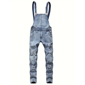 Salopette en jean pour homme, coupe slim, taille haute, déchirée et usée, style décontracté, en coton tissé, collection printemps - Product Image 2