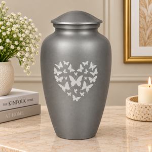 Urne commémorative en métal en forme de cœur de papillon, finition grise mate, avec motif de papillon délicat, porte-cendres de crémation - Product Image 1