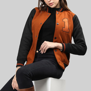 <b>Women's</b> Varsity <b>Jacket</b> Orange <b>Black</b> Full Sleeve Button Front Letter 1 Design Autumn Style Regular Length - Product Image 1