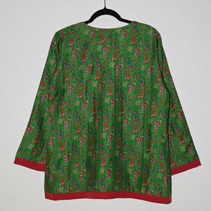 Women's Tussar <b>Silk</b> Jacket | Kalamkari Inspired Print, <b>Red</b> Border Wrap Style - Product Image 3