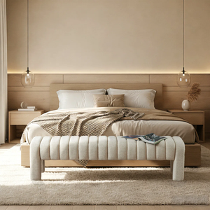 Meubles de maison : Tabouret et ottoman Vietnam Mid-Century Modern en lin, mousse et bois manufacturé, BENCH MD05 - Product Image 2