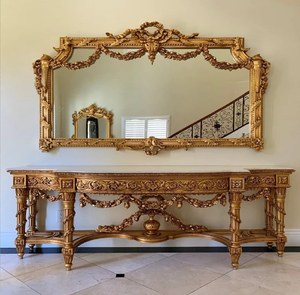 Grand <b>gold</b> carved wooden <b>console</b> <b>table</b> with wide decorative wall mirror, available at wholesale prices. - Product Image 1
