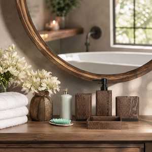 Ensemble de salle de bain en bois : porte-brosse à dents carré, distributeur de savon, gobelet, plateau – Accessoires de vanité minimalistes - Product Image 4