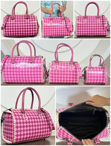 Women Checkered Pattern Speedy Bag Large Travel Handbag Hand <b>Tooled</b> <b>Leather</b> Stylish Everyday Fashion Crossbody Purse Duffel Bags - Product Image 3