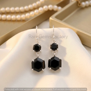 Elegant 925 Silver <b>Black</b> Onyx Hexagonal Drop <b>Earrings</b> Double Stone Geometric <b>Dangle</b> Jewelry for Women Gift - Product Image 6