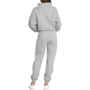 Ensemble 2 pièces pour femme : Pull gris à demi-zip et pantalon de jogging taille haute en molleton de coton mélangé, tenue décontractée, service personnalisé - Product Image 2