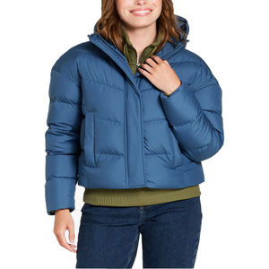 Wholesale Custom Women Short Puffer <b>Jacket</b> Hooded Matte Blue <b>Winter</b> Bubble Coat <b>Waterproof</b> Warm Padded Outerwear Low Moq Supply - Product Image 2