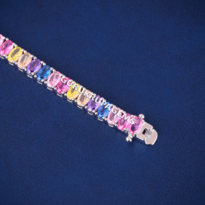 A colorful tennis diamond unisex <b>bracelet</b> custom piece moissanite D vvs diamonds 925 sterling <b>silver</b> Oval cut colorful diamonds - Product Image 3