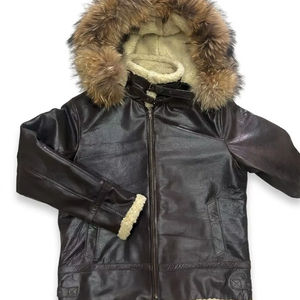 Blouson aviateur en cuir de vachette véritable de qualité supérieure, avec capuche amovible, doublure en peau de mouton, fermeture éclair, pour homme, automne - Product Image 1