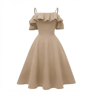 Vestido midi de hombros descubiertos para mujer, morado liso, con volantes, sin mangas, de tela tejida, elegante, acampanado, para fiesta - Product Image 2