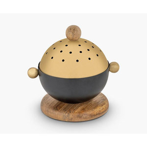 Brûleur d'encens en métal doré et blanc avec base en bois, élément décoratif élégant conçu pour la fragrance et l'aromathérapie à domicile - Product Image 2