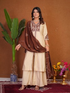 Conjunto de traje Anarkali de seda romana para mujer con bordado multihilo y trabajo manual |   Palazzo y Dupatta |   Proveedor B2B - Product Image 1