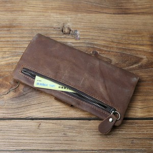 Premium Quality Cowhide <b>Long</b> Wallet Card <b>Bag</b> Purse Zipper Embroidery Eco-Friendly Linen Lining Fashion Simple Blocking. - Product Image 3