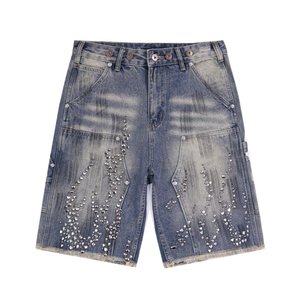Pantalones Cortos Vaqueros Personalizados para Hombre con Pedrería, Estilo Vintage, Lavado Desgastado, Tipo Carpintero, con Bajo Deshilachado y Borde Crudo, Venta al por Mayor - Product Image 1