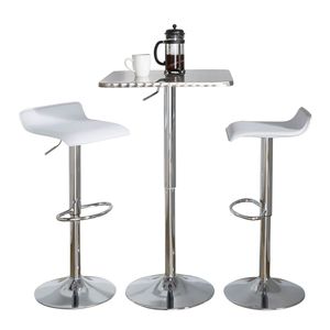 Set da Bar Contemporaneo a 3 Pezzi Regolabile, Tavolo Quadrato e 2 Sgabelli con Poggiapiedi Ovale in PVC Bianco, Struttura in Metallo Cromato Argento, Arredamento Bar Moderno - Product Image 1