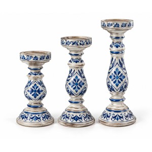 Lot de 3 bougeoirs Hurricane en bois de manguier majolique peints à la main, écologiques et durables, pour la décoration intérieure (vente en gros) - Product Image 1
