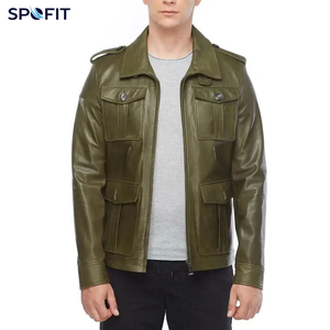 SPOFIT Men's Olive Green Leather Jacket Zipper Closure Turn-down Collar Workwear Style Regular Fit - Product Image 5