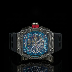 Premium <b>Black</b> Band Square Shaped Dial Moissanite Quartz <b>Watch</b> with Multiple Diamonds with Certified VVS Clarity Premium Diamond - Product Image 1