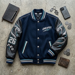 Chaqueta Letterman Azul Marino Personalizada para Hombre, Estilo Bomber Acolchado, Mangas de Cuero con Gráfico de Serpiente, Ropa Deportiva OEM Pro Premium - Product Image 5