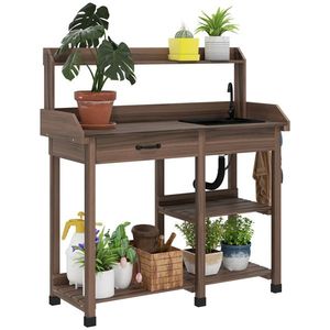 Tavolo da Giardinaggio in Rattan Marrone con Lavello Rimovibile e Rubinetto, Tavolo da Esterno per Hotel, Parchi, Soggiorni e Patii - Product Image 3
