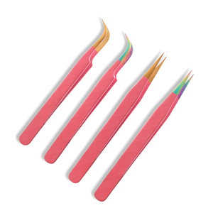 Pince à cils professionnelle pour greffe, à pointe fine semi-droite, avec embout rose, multi-antimagnétique - Product Image 1