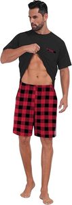Men's Plus Size Cotton Plaid Shorts <b>Set</b> Casual Summer Two Piece Sleepwear Red Black Checkered Pattern <b>Knitted</b> Fabric - Product Image 4