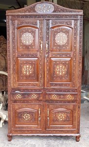 Indian Luxury Antique Royal Wardrobes For <b>Bed</b> Room Modern Natural Floral Hand Carved Wooden Storage <b>Cabinet</b> Almirah Wholesale - Product Image 2