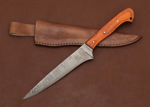 Cuchillo de caza de acero de Damasco con mango de madera y funda de cuero, hoja de punta caída, filo recto, grosor de 0.6 mm - Product Image 3