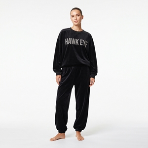 Ensemble de survêtement en velours noir pour femme, sweat-shirt à col rond à manches longues et pantalon de jogging décontracté, logo personnalisé - Product Image 4