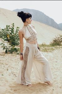 Cotton Fringe <b>Tie</b> Halter Top and Pants Two Piece Co Ord <b>Set</b> Boho Ibiza Style Summer Festival Outfit with Relaxed Beach Fit - Product Image 2