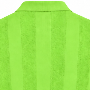 Neon Lime <b>Green</b> <b>Mens</b> Long Sleeve Knitted <b>Polo</b> <b>Shirt</b> Textured Vertical Stripe Pattern Ribbed Hem Smart Casual Premium Fashion T - Product Image 4